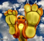  3_toes >:3 alternate_version_at_source barefoot charmander claws cloud english_text feet first_person_view foot_focus generation_1_pokemon green_eyes long_tail looking_at_viewer male multicolored_body nintendo orange_body paws pokemon pokemon_(species) reptile scalie semi-anthro sky smile soles solo speech_bubble tail text toe_claws toes xptzstudios 