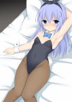  1girl animal_ears arm_behind_head armpits bed black_leotard blue_eyes blue_neckwear bow bowtie breasts brown_legwear bunny_ears bunny_girl bunnysuit chestnut_mouth commentary detached_collar fake_animal_ears feet_out_of_frame gochuumon_wa_usagi_desu_ka? hair_ornament kafuu_chino leotard light_blue_hair long_hair looking_at_viewer lying pantyhose pillow small_breasts solo strapless strapless_leotard toshishikisai wrist_cuffs x_hair_ornament 