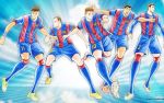  5boys andres_iniesta artist_name captain_tsubasa english_commentary fc_barcelona full_body gerard_pique jersey la_liga lionel_messi luis_suarez multiple_boys neymar official_art real_life soccer_uniform sportswear sunburst sunburst_background takahashi_youichi 