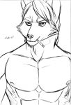  anthro canid canine canis cigarette fangs fur hair hi_res japanese_text male mammal monochrome muscular muscular_anthro muscular_male nipples open_mouth open_smile simple_background sketch smile solo text white_background wolf zi0808 