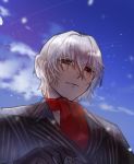  1boy antonio_salieri_(fate/grand_order) black_gloves black_jacket cloud collared_shirt cravat eyebrows eyebrows_visible_through_hair fate/grand_order fate_(series) formal gloves jacket long_sleeves looking_at_viewer male_focus neckwear picube525528 pinstripe_pattern red_neckwear shirt short_hair silver_hair sky solo striped suit upper_body white_hair white_shirt 