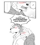  2020 anthro biped blush bodily_fluids canid canine canis clothing comic domestic_dog duo english_text hi_res hoodie male male/male mammal naikuma romantic_couple shirt simple_background sweat text topwear white_background 