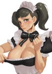  1girl absurdres areolae bangs black_bow black_hair blush bow breasts brown_eyes dress dress_pull frilled_dress frills highres kawakami_sadayo large_breasts lips looking_at_viewer maid maid_headdress medium_hair moonlit nipples no_bra persona persona_5 puffy_short_sleeves puffy_sleeves short_sleeves simple_background solo upper_body veins veiny_breasts white_background 