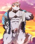  1boy animal_ears bara body_hair brown_fur censored dog_boy dog_ears dog_tail facial_hair flaccid full_body fundoshi_pull furry grey_fur highres horkeu_kamui_(tokyo_houkago_summoners) male_focus manly mosaic_censoring muscle penis revealing_clothes rossciaco shirtless short_hair solo stretch tail testicles thick_thighs thighs tokyo_houkago_summoners two-tone_fur 