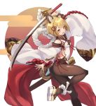  1girl :d absurdres animal_ears arm_up ass backless_outfit bangs bare_shoulders blonde_hair blush braid breasts brown_legwear cradle_(2849) detached_sleeves dog_ears dog_girl dog_tail erune eyebrows_visible_through_hair granblue_fantasy hair_ornament highres holding holding_sword holding_weapon japanese_clothes looking_at_viewer open_mouth pantyhose rope shimenawa short_hair smile solo sword tail vajra_(granblue_fantasy) weapon wide_sleeves 