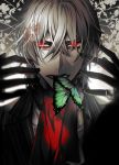  1boy antonio_salieri_(fate/grand_order) black_gloves black_jacket bug butterfly collared_shirt cravat eyebrows eyebrows_visible_through_hair fate/grand_order fate_(series) formal gloves insect jacket long_sleeves looking_at_viewer male_focus neckwear parted_lips pinstripe_pattern red_eyes red_neckwear shirt short_hair silver_hair solo striped suit uehara_(higanbachi) upper_body white_hair white_shirt 
