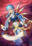  1girl armor bangs black_legwear blue_eyes blue_hair boots bow_(weapon) breastplate cloud cloudy_sky dutch_angle floating_hair gloves hair_between_eyes hair_tubes holding holding_bow_(weapon) holding_weapon knee_boots long_sleeves looking_at_viewer open_mouth outdoors red_sky shin716 shiny shiny_hair short_hair_with_long_locks shoulder_armor side_slit sidelocks sinon_(solus) skirt sky solo standing sword_art_online sword_art_online:_alicization weapon white_gloves white_skirt 