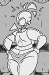  2020 animatronic anthro avian bib biped bird black_and_white breasts butt clothed clothing detailed_background digital_media_(artwork) eyes_closed female five_nights_at_freddy&#039;s five_nights_at_freddy&#039;s_2 glistening glistening_body looking_away machine monochrome non-mammal_breasts qoolguyart robot solo tagme toy_chica_(fnaf) video_games 