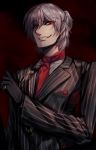  1boy antonio_salieri_(fate/grand_order) black_gloves black_jacket collared_shirt cravat eyebrows eyebrows_visible_through_hair fate/grand_order fate_(series) formal gloves grin jacket long_sleeves looking_at_viewer male_focus neckwear pinstripe_pattern red_background red_neckwear shirt short_hair silver_hair simple_background smile solo striped suit upper_body white_hair white_shirt yaoto 