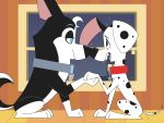  101_dalmatian_street 101_dalmatians 4:3 absurd_res adamb/fluffy boop canid canine canis collar dalmatian disney domestic_dog duo dylan_(101_dalmatians) feral hand_holding hansel_(101_dalmatians) hi_res husky male male/male mammal moon nordic_sled_dog nose_boop signature sitting spitz star window 