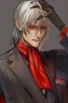  1boy antonio_salieri_(fate/grand_order) black_gloves black_jacket collared_shirt cravat dated fate/grand_order fate_(series) formal gloves grey_background jacket long_sleeves looking_to_the_side male_focus neckwear pinstripe_pattern red_neckwear shirt short_hair signature silver_hair simple_background snnoa_ha solo striped suit upper_body white_hair white_shirt 