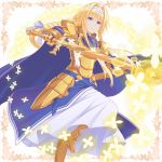  1girl alice_schuberg armor armored_dress bangs blonde_hair blue_cape blue_dress blue_eyes bow braid braided_ponytail cape dress floating_hair gauntlets grey_bow hair_between_eyes hair_bow hair_intakes hairband highres holding holding_sword holding_weapon long_hair long_skirt magic_circle osmanthus_blade parted_lips running shiny shiny_hair shoulder_armor skirt skirt_under_dress solo spaulders sword sword_art_online very_long_hair weapon white_background white_hairband white_skirt yellow_dress yoruusagi 