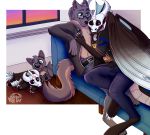  2020 absurd_res anthro canid canine canis chest_fur clothed clothing dragon duo fully_clothed furniture happy hi_res hug inside khaoticvex male male/male mammal plushie scalie smile sofa spooning wolf zach_(rmaster) zander_(harrowed) 