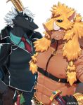  2boys abs animal_hood bara blue_eyes bondage_outfit chest collar facial_hair fang furry glasses goat_boy goatee green_eyes gullinbursti_(tokyo_houkago_summoners) hood horns male_focus manly multiple_boys muscle navel necktie nipples pectorals revealing_clothes scar shirtless short_hair sword tanngrisnir_(tokyo_houkago_summones) tokyo_houkago_summoners upper_body weapon white_background white_hair yow 