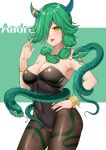  1girl absurdres andromalius_(my_heroes) animal_ears bare_shoulders black_legwear black_leotard blush bracelet breasts brown_eyes character_name cleavage collarbone contrapposto cowboy_shot eyebrows_visible_through_hair green_hair hair_over_one_eye hand_on_hip highres horns jewelry large_breasts leotard looking_at_viewer medium_hair my_heroes_-_dungeon_adventure pantyhose parted_lips photoshop_(medium) playboy_bunny_leotard revision smile snake strapless strapless_leotard tongue tongue_out ying_jing_meng 