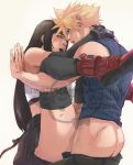  against_wall ass black_hair blonde_hair blue_eyes cloud_strife couple eye_contact final_fantasy final_fantasy_vii final_fantasy_vii_remake highres holding_another hug lifting looking_at_another open_mouth red_eyes sex skirt spykeee1945 thighhighs tifa_lockhart twitter_username vaginal watermark web_address 