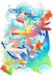  barefoot bikini blue_eyes blue_hair blush flower frilled_bikini frills full_body hair_ornament hat hibiscus kawanobe long_hair looking_at_viewer ocean open_mouth school_of_fish sea_turtle simple_background stingray summer swimsuit turtle twintails underwater white_headwear 