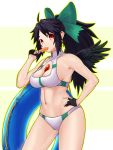  1girl adapted_costume ahoge armpits bare_arms bare_shoulders between_breasts bikini bird_wings black_hair black_wings bow breasts cleavage cleavage_cutout eating gloves green_bow haiiro_gundan hair_bow hand_on_hip hand_up high_ponytail highres innertube long_hair looking_at_viewer medium_breasts navel partly_fingerless_gloves ponytail red_eyes reiuji_utsuho slit_pupils solo stomach swimsuit third_eye toned touhou wings 
