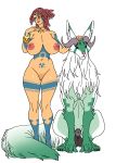  anatomically_correct anatomically_correct_genitalia animal_genitalia balls big_breasts bracelet breasts canid crouching dreadlocks duo female feral fluffy fluffy_tail fully_sheathed fur genitals hair hand_on_head hi_res horn human humanoid_hands hybrid jewelry jijis-waifus larger_female looking_at_another male mammal mane multicolored_body multicolored_eyes multicolored_fur necklace nipples nude pubes pussy red_hair sheath size_difference tail tattoo two_tone_body two_tone_fur y_sheath_opening 