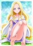  1girl barefoot blonde_hair closed_mouth collarbone dress fuurin_asumi hair_intakes hanzou healin&#039;_good_precure highres jewelry long_hair looking_at_viewer necklace off-shoulder_dress off_shoulder precure purple_dress purple_eyes sitting smile soles solo very_long_hair 