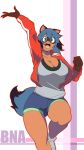  9:16 abstract_background absurd_res anthro basketball_shorts big_breasts blue_hair bottomwear brand_new_animal breasts brown_body brown_fur canid canine cleavage clothed clothing dipstick_tail excited female footwear fur gesture green_eyes hair happy hi_res jacket kemono looking_at_viewer mammal michiru_kagemori multicolored_tail on_one_leg open_mouth opqhlak raccoon_dog shirt shoes shorts smile sneakers solo standing studio_trigger t-shirt tanuki topwear waving 