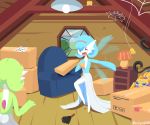  attic blush box chair duo enrique849 eyes_closed feather_duster female furniture galvantula gardevoir hi_res humanoid joltik lamp nintendo open_mouth pok&eacute;mon pok&eacute;mon_(species) scared spider_web video_games 