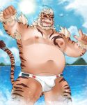  2020 absurd_res anthro belly bulge clothing felid hi_res hombretigre humanoid_hands kemono male mammal moobs nipples overweight overweight_anthro overweight_male pantherine rampie solo swimwear tiger tokyo_afterschool_summoners video_games water 