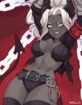  1girl angry armband arms_up artist_name bangs belt black_horns blush breasts chain cleavage collarbone commentary cowboy_shot dark_skin demon_girl demon_horns demon_tail gauntlets grey_skin helltaker horns jacket judgement_(helltaker) large_breasts long_hair looking_at_viewer midriff navel open_mouth parted_bangs ponytail red_background revealing_clothes shellvi short_shorts shorts solo stomach tail teeth thighhighs thighs torn_clothes white_eyes white_hair 