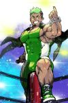  1boy bara beard black_hair blush bulge chest commentary_request dark_skin facial_hair goatee green_eyes highres looking_at_viewer male_focus multicolored_hair muscle pectorals pointing pointing_up smile solo taurus_mask thighs tokyo_houkago_summoners torawar upper_body wrestling_outfit wrestling_ring 