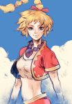  1girl bandages blonde_hair blue_eyes breasts chrono_cross closed_mouth cloud crop_top cropped_jacket high_ponytail highres jewelry kid_(chrono_cross) long_hair looking_at_viewer midriff multi-tied_hair navel necklace outdoors ponytail sky smile solo vest 