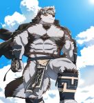  1boy abs animal_ears bara barefoot body_hair brown_fur bulge chest cloud cloudy_sky dog_boy dog_ears dog_tail facial_hair furry grey_fur highres horkeu_kamui_(tokyo_houkago_summoners) male_focus manly muscle navel nipples pectorals penis_peek revealing_clothes rossciaco shirtless short_hair sky solo tail thick_thighs thighs tokyo_houkago_summoners two-tone_fur upper_body 