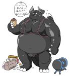  2020 anthro belly black_body bonedra bulge doughnut dragaux dragon food hi_res japanese_text kemono male nintendo overweight overweight_anthro overweight_male reptile ring_fit_adventure scalie simple_background solo text video_games white_background wrestling_singlet 