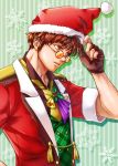  1boy akira_ituki brown_hair fingerless_gloves glasses gloves hat hat_tip holding holding_clothes holding_hat macross macross_7 nekki_basara round_eyewear santa_costume santa_hat solo uta_macross_sumaho_deculture yellow_eyes 