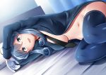  1girl :d bed bed_sheet black_neckwear blue_eyes blue_hair blue_legwear breasts gloves gotland_(kantai_collection) hair_between_eyes half_gloves kamelie kantai_collection long_hair long_sleeves medium_breasts military military_uniform mole mole_under_eye naked_shirt necktie no_pants open_mouth pillow shirt smile solo thighhighs uniform white_gloves 