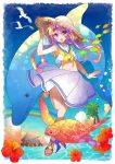  1girl :d bead_bracelet beads bird blonde_hair blue_background blush bracelet dolphin flower hair_between_eyes hand_on_headwear hat hibiscus jewelry kawanobe long_hair midriff navel open_mouth original outdoors palm_tree rainbow sandals school_of_fish school_uniform sea_turtle seagull serafuku skirt sleeveless smile straw_hat sun_hat tree turtle water white_skirt 