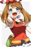  1girl :d arm_up armpits bangs blue_eyes bow bow_hairband breasts brown_hair eyebrows_visible_through_hair grey_background hair_between_eyes hair_bow hairband haruka_(pokemon) highres long_hair looking_at_viewer medium_breasts open_mouth pokemon pokemon_(game) pokemon_oras red_hairband red_shirt shiny shiny_hair shirt shorts sleeveless sleeveless_shirt smile solo standing striped striped_bow twintails two-tone_background white_background white_shorts yuihico 