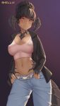  1girl artist_name au_ra bangs belt black_hair black_jacket blunt_bangs braid breasts collarbone commentary covered_nipples cowboy_shot crop_top denim dragon_girl dragon_horns dragon_tail eyebrows_visible_through_hair final_fantasy final_fantasy_xiv hair_up hands_in_pockets highres horns jacket jeans large_breasts long_sleeves looking_at_viewer midriff navel open_clothes open_jacket pants purple_eyes shellvi smile solo stomach tail 