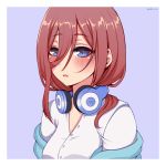  1girl artist_name bangs blue_background blue_cardigan blue_eyes blush border breasts brown_hair cardigan collared_shirt commentary dress_shirt eyebrows_visible_through_hair go-toubun_no_hanayome hair_between_eyes headphones headphones_around_neck highres long_hair medium_breasts nakano_miku off-shoulder_jacket off_shoulder open_mouth shellvi shirt simple_background solo striped two-tone_background upper_body white_border white_shirt 