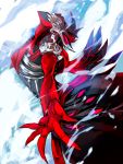  1boy antonio_salieri_(fate/grand_order) armor black_armor black_headwear boots covered_face fate/grand_order fate_(series) hat horns looking_up male_focus mask nonono_nagata outstretched_arms red_armor simple_background smoke solo spread_arms standing white_background 