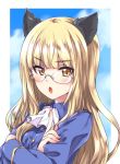  1girl animal_ears ascot blonde_hair blue_jacket blue_sky cat_ears cloud cloudy_sky collared_jacket crossed_arms eyebrows_visible_through_hair frown glasses highres index_finger_raised jacket kuroi_mimei light_blush long_hair long_sleeves looking_at_viewer military military_uniform outside_border perrine_h_clostermann sky solo strike_witches uniform white_neckwear world_witches_series yellow_eyes 