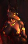  anthro anubian_jackal arcsuh big_breasts black_body black_fur breasts canid canine canis deity digital_media_(artwork) egyptian egyptian_mythology female front_view fur hair hi_res jackal looking_at_viewer mammal middle_eastern_mythology mythology nipples nude painted portrait sam_(arcsuh) simple_background solo 