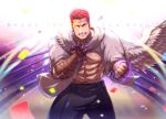  1boy abs bara blue_eyes chest confetti flaming_eye heterochromia highres lightning male_focus muscle navel nipples pants pectorals pollux_(tokyo_houkago_summoners) red_hair scarf short_hair single_wing smirk solo suku thick_thighs thighs upper_body wings yellow_eyes 