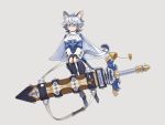  1girl animal_ear_fluff animal_ears bell blue_eyes blush capelet carrying closed_mouth cuffs formal greatsword grey_background grey_hair grey_neckwear hair_between_eyes highres holding huge_weapon kahill necktie original scabbard sheath sheathed short_hair simple_background smile solo suit sword tail tail_bell weapon white_capelet 