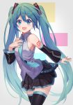  1girl :d bangs bare_shoulders bibboss39 black_legwear black_skirt black_sleeves blue_eyes blue_hair blue_nails blue_neckwear blush collared_shirt cowboy_shot detached_sleeves eyebrows_visible_through_hair grey_shirt hatsune_miku highres leaning_forward long_hair long_sleeves looking_at_viewer miniskirt multicolored multicolored_background nail_polish necktie open_mouth pleated_skirt shirt skirt smile solo thighhighs twintails very_long_hair vocaloid zettai_ryouiki 