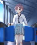  1girl antenna_hair asakura_tooru bangs bare_legs black_neckwear blue_eyes blue_jacket breast_pocket clothes_around_waist collar collared_shirt ear_piercing eyebrows_visible_through_hair gate grey_skirt highres idolmaster idolmaster_shiny_colors jacket jacket_around_waist justice/ryo light_blush multicolored_hair nail_polish necktie outdoors parted_bangs piercing plaid plaid_skirt pleated_skirt pocket school_uniform shirt short_hair skirt sleeves_rolled_up smile solo ticket ticket_machine train_station two-tone_hair watch white_collar wristband 