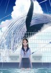  1girl absurdres arms_at_sides black_hair blue_sky cloud day droplets fence ghost highres long_hair looking_at_viewer original outdoors pool purple_eyes school_uniform see-through serafuku shirt short_sleeves sky solo un_(un0044) wading water wet whale white_shirt 