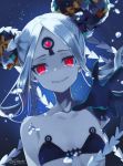  1girl abigail_williams_(fate/grand_order) abigail_williams_(swimsuit_foreigner)_(fate) air_bubble bangs bare_shoulders bikini black_bikini black_bow bow breasts bubble collarbone double_bun fate/grand_order fate_(series) forehead grin hachimitsu_monte highres keyhole long_hair looking_at_viewer multiple_bows orange_bow outstretched_arm parted_bangs red_eyes sharp_teeth sidelocks small_breasts smile swimsuit teeth third_eye underwater very_long_hair white_hair white_skin 