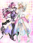  2girls a_hinakou bare_arms bare_shoulders black_choker black_gloves black_hair black_socks blonde_hair blowing_kiss blunt_bangs boots braid breasts bubble_skirt choker covering_own_mouth cure_kiss cure_zukyuun curled_up curly_hair dress earrings elbow_gloves finger_gun frilled_dress frilled_ribbon frills full_body gingham_dress gloves green_hair hair_extensions hair_ornament hair_ribbon hair_tie hair_wings half_gloves heart-shaped_lock high_heels jewelry kimi_to_idol_precure knee_boots kneehighs long_hair looking_at_viewer mature_female meroron_(human_form) multiple_earrings multiple_girls musical_note musical_note_hair_ornament one_eye_closed open_mouth parted_bangs pearl_earrings pink_hair precure puffy_short_sleeves puffy_sleeves purirun_(human_form) purple_dress ribbon ribbon_choker short_sleeves single_bare_shoulder single_kneehigh single_sock skirt sleeveless sleeveless_dress socks stage stage_lights twin_braids twintails very_long_hair watermark white_dress white_gloves wing_hair_ornament 