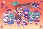  6+girls :3 aki_minoriko aki_shizuha animal_ears animal_on_head apron ascot autumn_leaves backpack bag black_hat black_skirt black_vest black_wings blonde_hair blue_hair blush bow braid brown_hair camera chibi chibi_only closed_mouth commentary cucumber detached_sleeves dress eating falling_leaves flying frilled_bow frilled_hair_tubes frills frog frog_hair_ornament front_ponytail gohei grape_hat_ornament green_bag green_hair green_hat hair_bobbles hair_bow hair_ornament hair_ribbon hair_tubes hakurei_reimu hashtag-only_commentary hat hat_bow highres holding holding_camera holding_gohei inubashiri_momiji kagiyama_hina kawashiro_nitori key kirisame_marisa kochiya_sanae leaf leaf_hair_ornament leaf_on_head long_hair maple_leaf mini-hakkero mob_cap moriya_suwako mountain_of_faith multiple_girls on_head open_mouth pointy_ears pom_pom_(clothes) purple_hair red_bow red_dress red_hat red_ribbon red_skirt ribbon ribbon-trimmed_sleeves ribbon_trim rope shameimaru_aya shimenawa shirt siblings side_braid silverrain single_braid single_hair_tube sisters skirt skirt_set smile snake_hair_ornament socks tail tokin_hat torii touhou tress_ribbon twitter_username two_side_up very_long_hair vest waist_apron white_bow white_shirt white_socks wings witch_hat wolf_ears wolf_girl wolf_tail yasaka_kanako yellow_ascot 