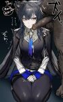  1boy 1girl absurdres anger_vein animal_ear_fluff animal_ears arknights blue_gloves censored clenched_teeth clothed_female_nude_male gloves hand_on_another&#039;s_ear hands_on_own_thighs hetero highres jacket jacket_on_shoulders kneeling mosaic_censoring nude penis penis_on_face solo_focus soystar spoken_anger_vein teeth texas_(arknights) trembling ugly_bastard v-shaped_eyebrows wolf_ears 